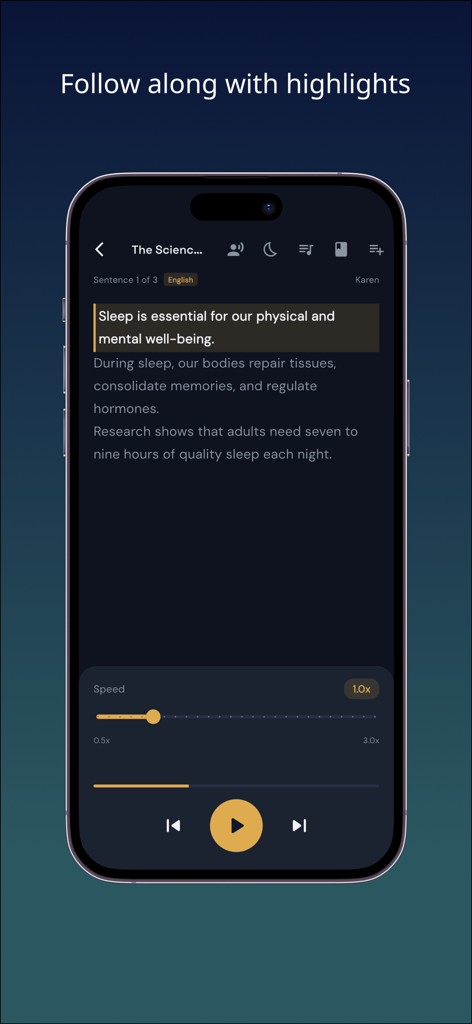 Text to Speech Reader - Rea... - A mobile phone displaying the ReadVox app interface with a highlighted sentence during text-to-speech playback.