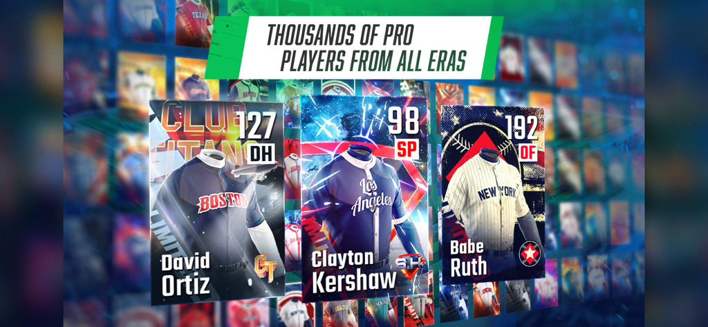 デビッド・オルティーズ、クレイトン・カーショー、ベーブ・ルースをフィーチャーした、異なる時代の野球選手カード。