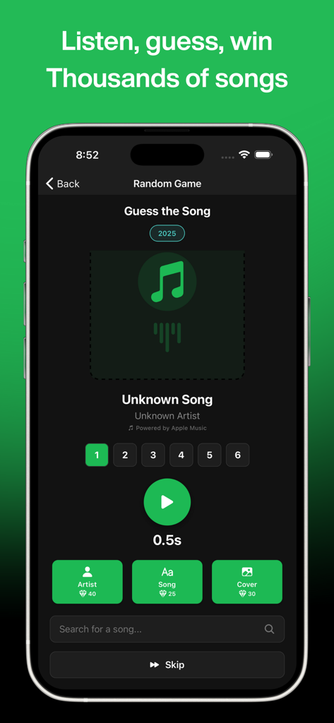 Guessong: Music Guessing Game - Interfaccia del gioco per indovinare la musica Guessong che mostra una sfida di canzone casuale con un pulsante di riproduzione e suggerimenti