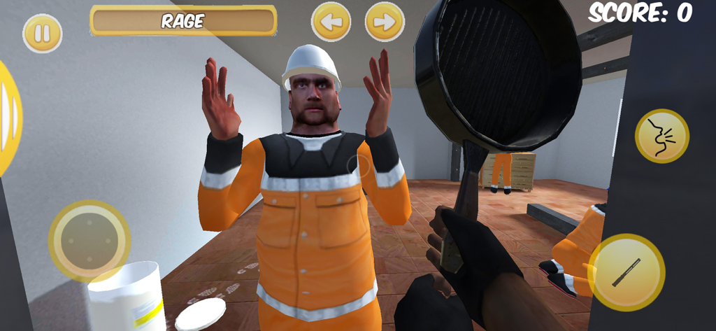 Neighbors OGの一人称視点。オレンジ色のジャンプスーツを着た隣人とフライパンで対峙しているプレイヤーが見える