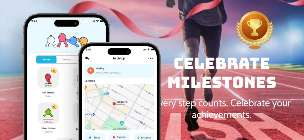 Step Counter: Daily Walking - Step Counter app interface showing activity tracking and milestone achievements on a marketing banner