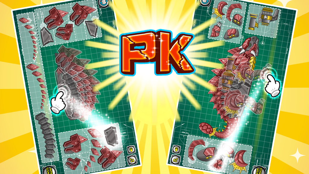 Split screen showing two players assembling mechanical ankylosaurus dinosaurs