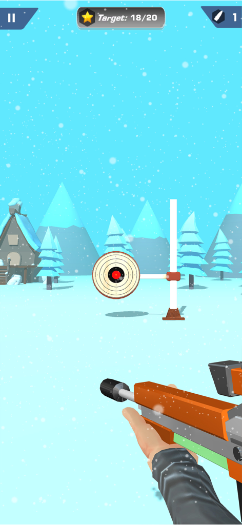 Shooting Master 3D Sniper Game - First-person view of a sniper rifle aiming at a bullseye target in a snowy winter mountain landscape.