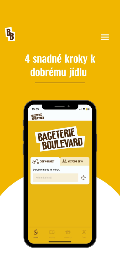 Bageterie Boulevard - デリバリーとピックアップのオプションを表示するバゲテリー・ブールバールアプリのインターフェース。