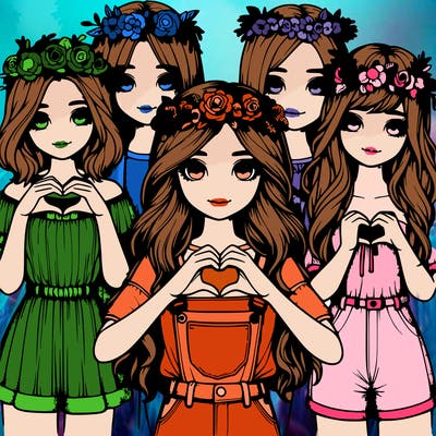 realistic group of girls with flower crowns and cute realistic outfits with their hands in a heart