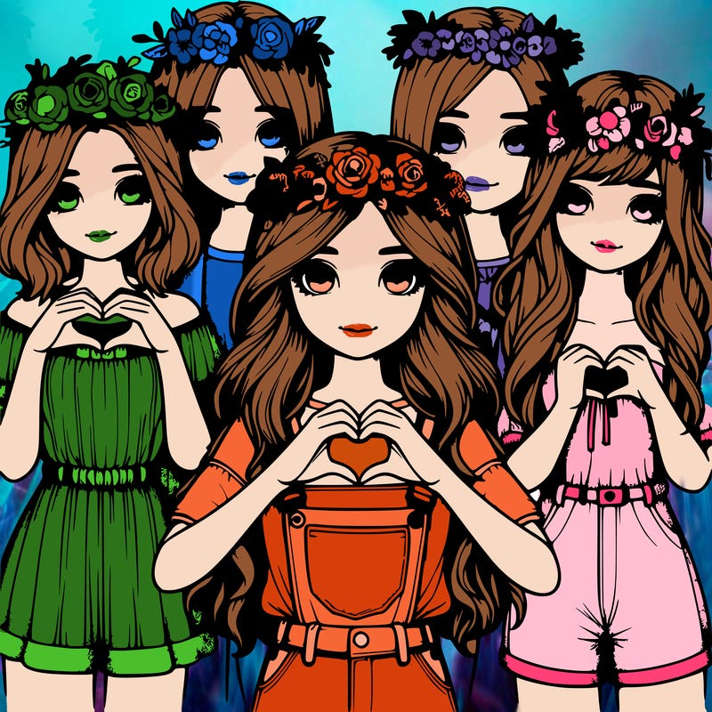 realistic group of girls with flower crowns and cute realistic outfits with their hands in a heart