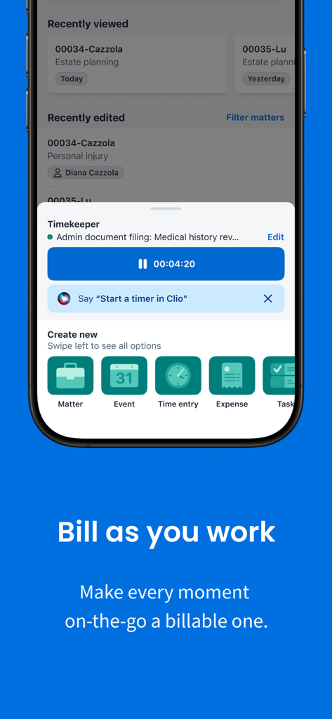Clio for Law Firms and Lawyers - Interface do aplicativo móvel Clio mostrando um cronômetro em execução para tarefas jurídicas e integração de comandos de voz Siri para faturamento com as mãos livres.