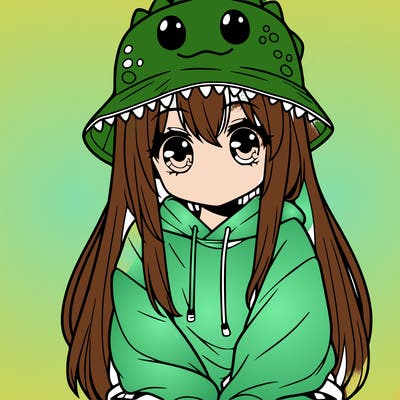 girl with anime shaped eyes with a dinosaur bucket hat oversized sweatshirt long straight hair