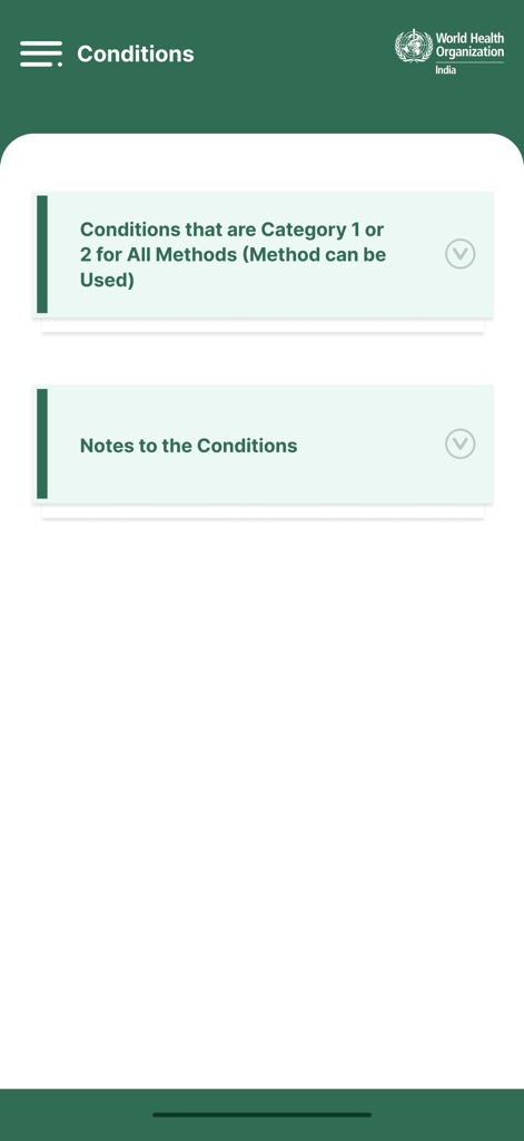 Medical eligibility conditions list in the India Adapted WHO MEC Wheel app