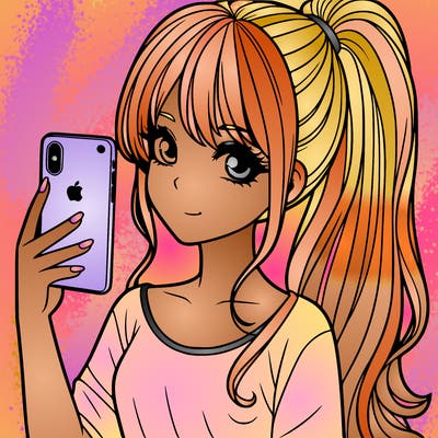 a realistic girl with a pony tail and a iphone