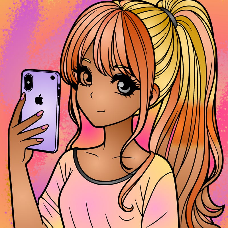 a realistic girl with a pony tail and a iphone
