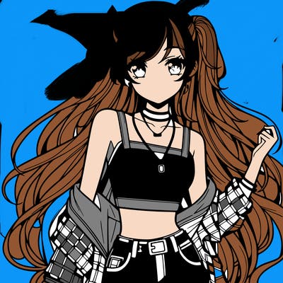 hot anime girl with long hair wearing a crop top and jorts