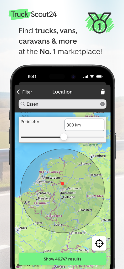 TruckScout24 - Interfaccia dell'app TruckScout24 che mostra una ricerca di veicoli basata su mappa con un filtro perimetrale