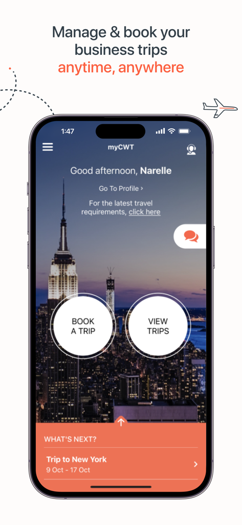 myCWT - Panel de la aplicación myCWT para reservar y gestionar viajes de negocios