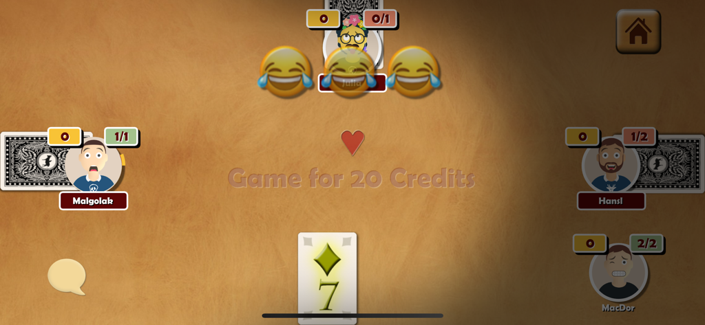 Oh Hell Online - Gameplay of Oh Hell Online featuring four players at a virtual card table with avatars and emoji reactions