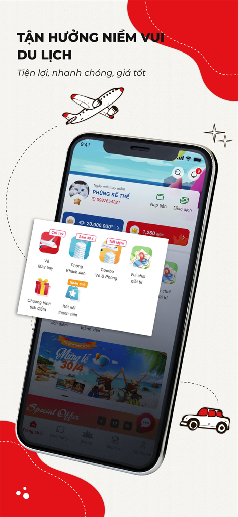 Sen Vàng Group - Tela inicial do aplicativo de viagens Sen Vang Group mostrando categorias de reserva de voos e hotéis em vietnamita.