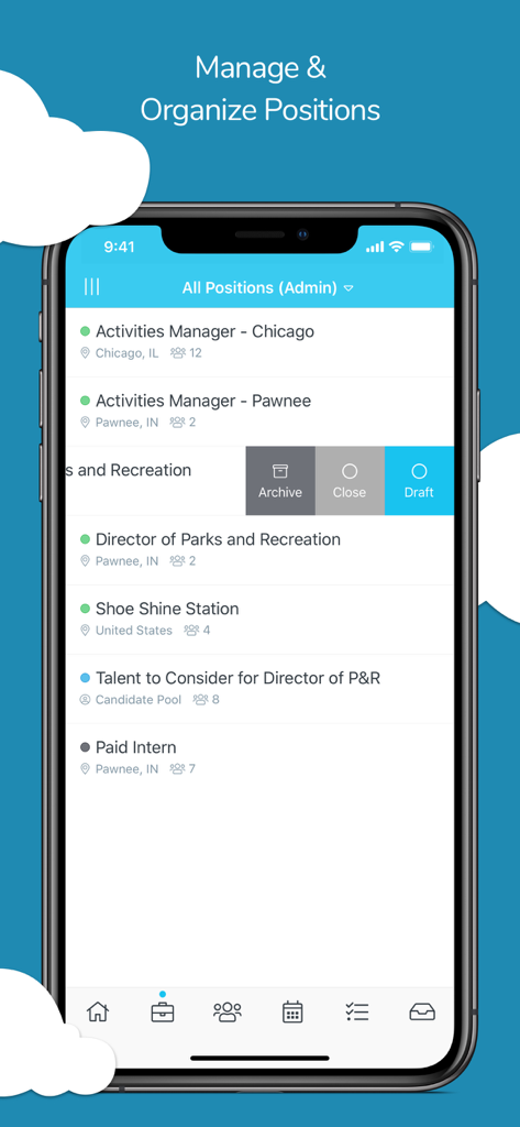Mobile interface of the Breezy HR app showing a list of job positions with management options like archive and draft