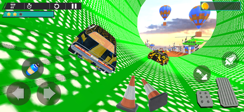 A yellow stunt car racing through a green patterned pipe with hot air balloons and a helicopter in the background.