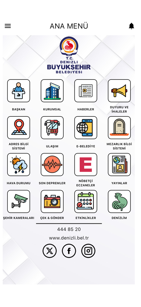 Main menu of the Denizli Metropolitan Municipality mobile app featuring service icons like transportation news and e-municipality