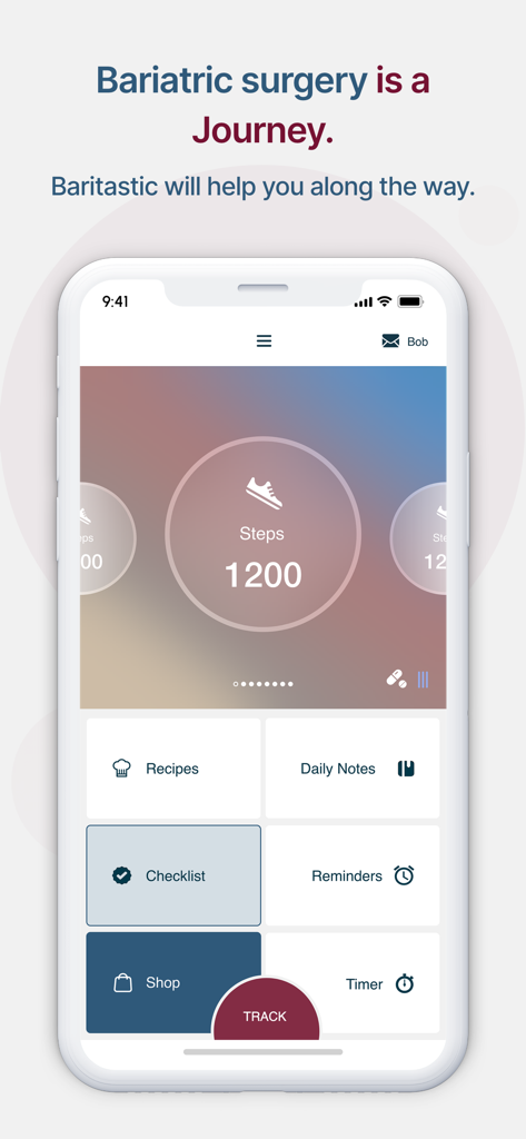 Mobile dashboard of the Baritastic app showing a step counter and medical tracking tools for bariatric surgery patients