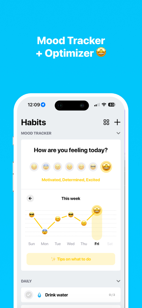 Mobile app interface displaying a mood tracker with emoji selection and a weekly emotional progress graph