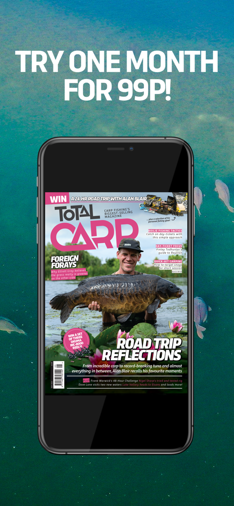 Total Carp - Total Carp mobile app displaying a magazine cover featuring a fisherman with a large carp