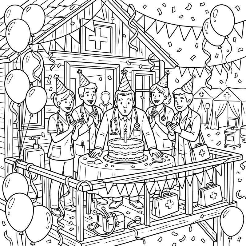 Bring joy to the brave Frontier Doctors with this festive birthday coloring page. It's a heartwarming scene of medical professionals taking a well-deserved break to celebrate with cake and balloons.