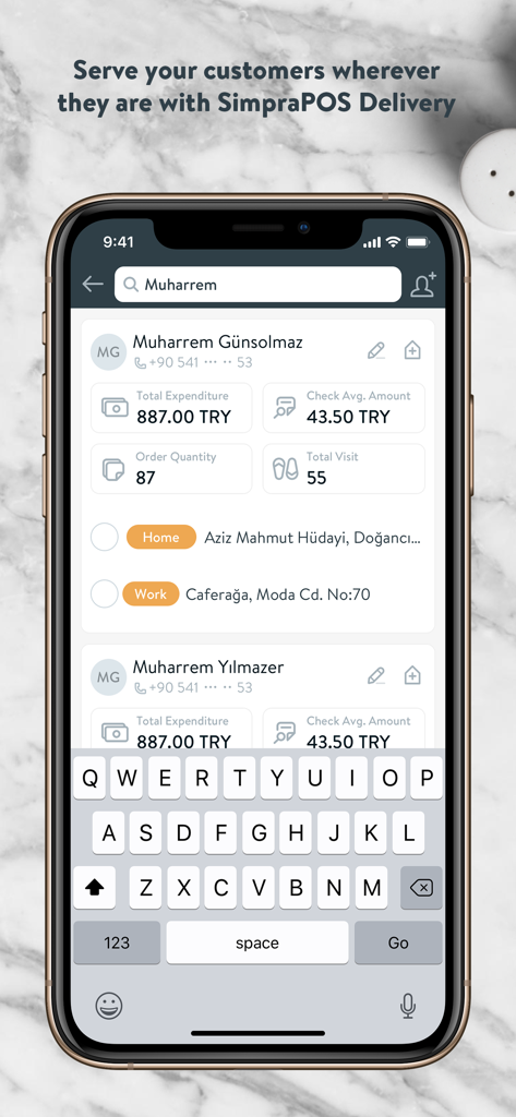 SIMPRA POS - Cloud Based RMS - Simpra POS mobile app interface on iPhone showing customer delivery profiles and expenditure statistics