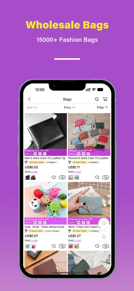 Nihaojewelry-Wholesale Online - Nihaojewelry app showing a wide variety of wholesale fashion bags and wallets starting at low factory prices