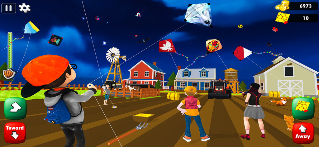 Kite Game 3D - Kite Flying - Personajes 3D volando coloridas cometas en un entorno de granja por la noche
