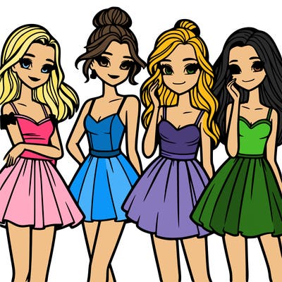 four beautiful teen girls in dresses