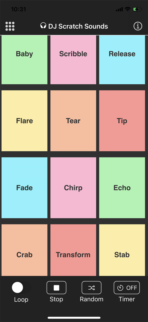 DJ Scratch Sound Effect - Interface of the DJ Scratch Sounds app showing a colorful grid of soundboard buttons for various scratching effects