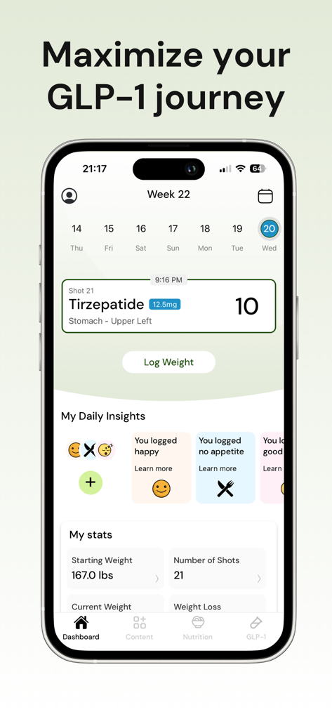 Gala GLP-1 Tracker - Gala GLP-1 Tracker app dashboard screen showing a Tirzepatide injection log and weight tracking data