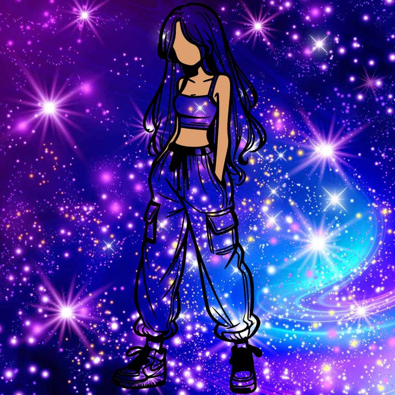 girl in baggy pants crop top and long hair