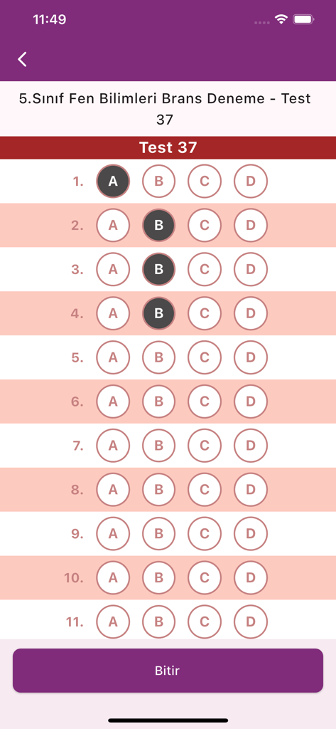 Hiper Zeka Optik Okuma - Interfaz de hoja de respuestas digital de opción múltiple que muestra opciones seleccionadas para un examen de ciencias de 5º grado