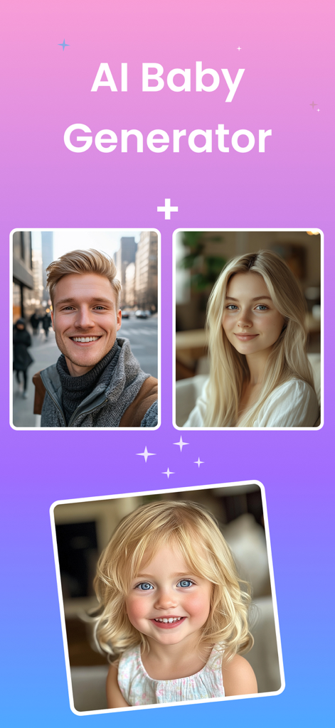 Interfaz de la aplicación Generador de Bebés IA mostrando fotos de dos padres combinándose para crear el rostro de un bebé predicho