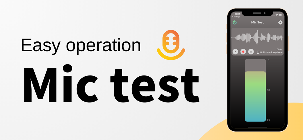 Mic Test Mobile App-Oberfläche mit Echtzeit-Audio-Wellenform und Lautstärkemesser auf einem Smartphone-Bildschirm.