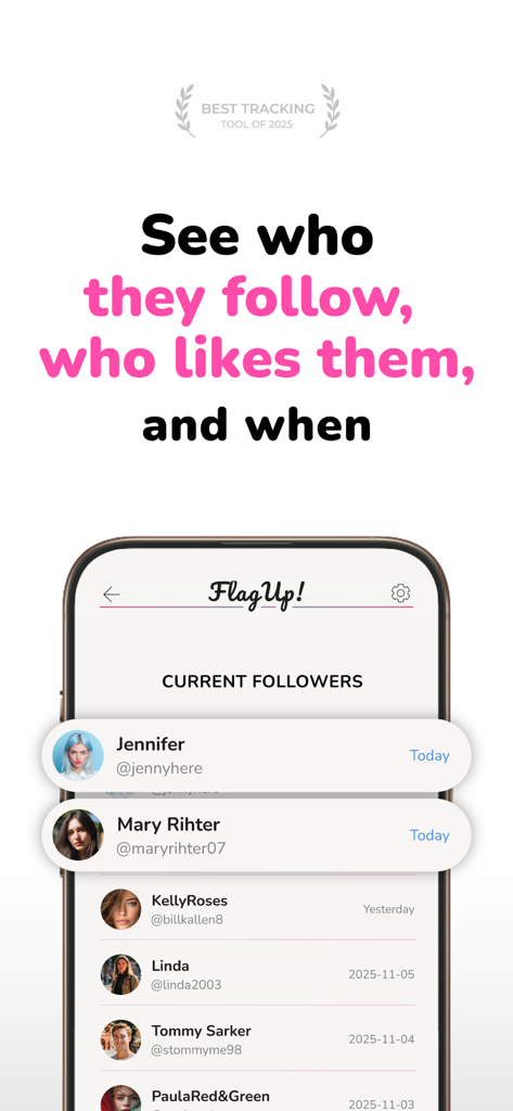 FlagUp: Follow & Likes Tracker - Captura de tela do aplicativo FlagUp mostrando uma lista de seguidores atuais com fotos de perfil e nomes de usuário para monitoramento de mídias sociais