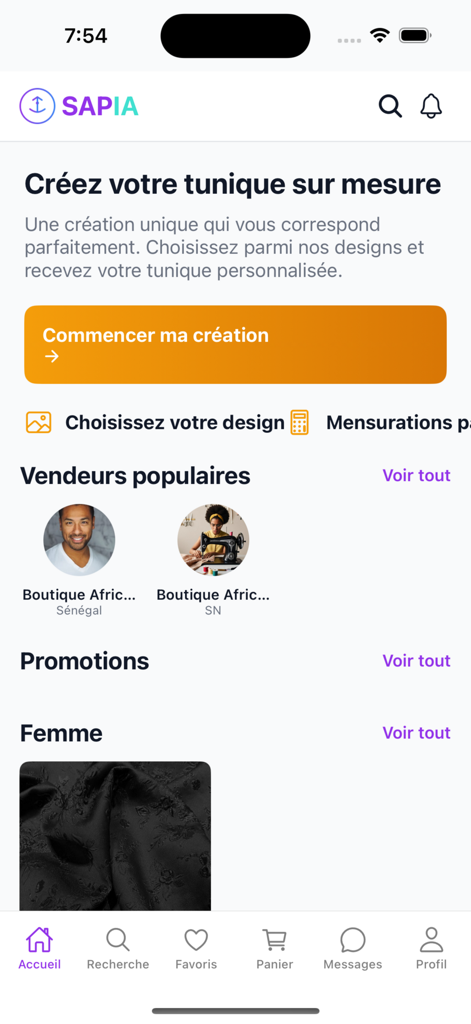 Sapia - Home screen of the Sapia app showing custom clothing creation options and popular sellers.