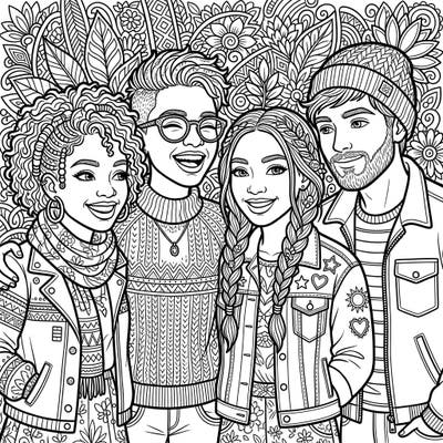 Celebrate friendship and diversity with this engaging coloring template featuring a vibrant group of young adults. Their joyful expressions and stylish outfits, set against a rich floral background, promise a delightful coloring experience for all ages.