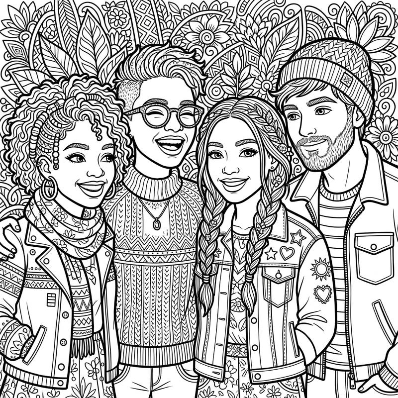 Celebrate friendship and diversity with this engaging coloring template featuring a vibrant group of young adults. Their joyful expressions and stylish outfits, set against a rich floral background, promise a delightful coloring experience for all ages.