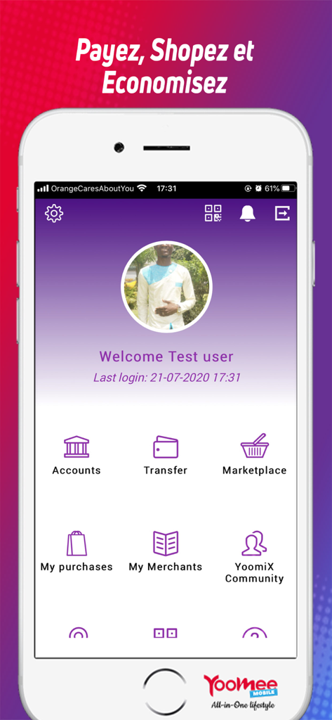 YooMee Mobile All In One - YooMee Mobile app home screen showing account options and money transfer features