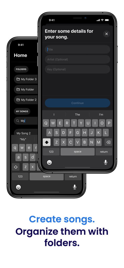 Lyrics: Live - Uma interface móvel mostrando a criação de músicas e organização de pastas em Lyrics Live