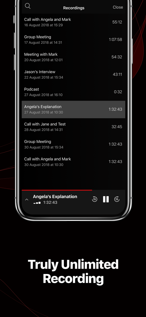 TapeACall Pro: Call Recorder - A list of call recordings in the TapeACall Pro app on an iPhone showing various business meetings and interviews