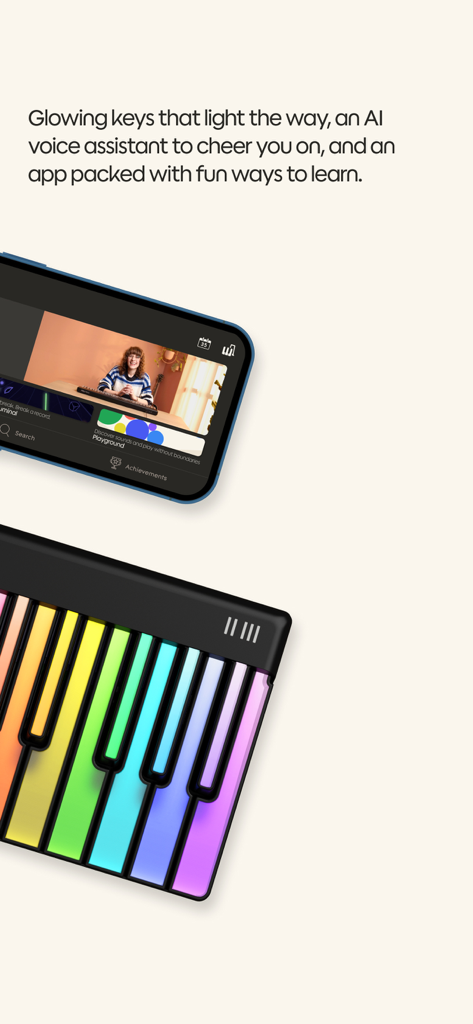 Interfaz de la aplicación ROLI Learn con un teclado arcoíris brillante