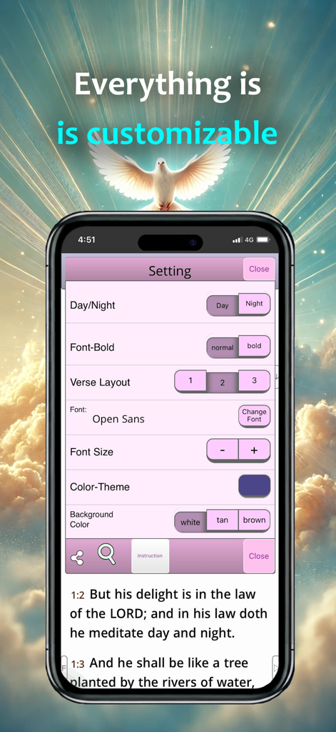Settings menu of the King James Bible app showing font size and background color customization options