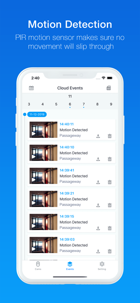 Home Guards - Home Guards app screen displaying a list of motion detection alerts and cloud events
