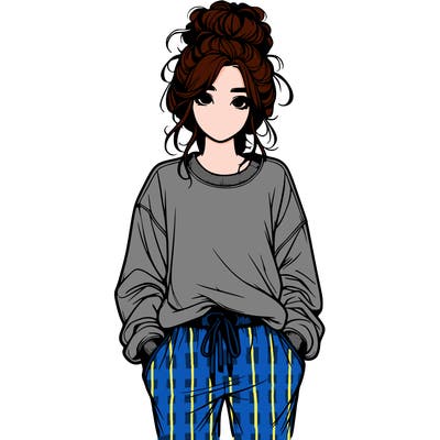 realistic girl in a messy bun with sweatpants and sweatshirt