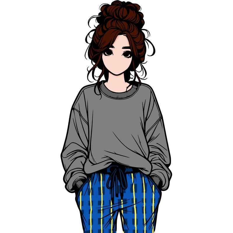 realistic girl in a messy bun with sweatpants and sweatshirt