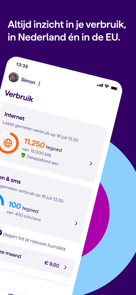 Pantalla de la app móvil Mi Simyo mostrando el estado de consumo de datos de internet y minutos de llamadas